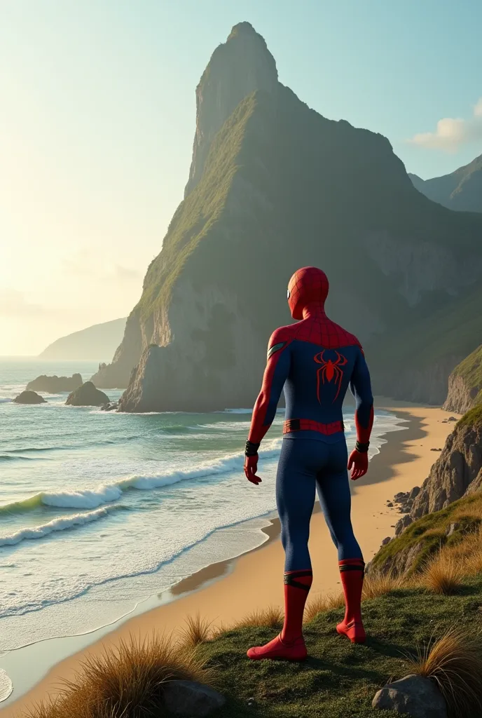 Spiderman"A highly detailed and realistic scene of a superhero in a red and blue suit standing on a grassy cliff, overlooking a breathtaking coastal landscape. Below, a golden sandy beach stretches along the shore, with waves gently crashing against the ro...