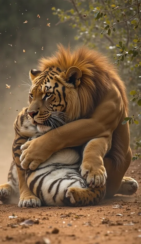 The two big cats roll across the ground, tangled in a fierce struggle. Dust and leaves fly into the air as they wrestle for dominance. The lion's claws dig into the tiger's shoulder, while the tiger tries to bite the lion’s neck."