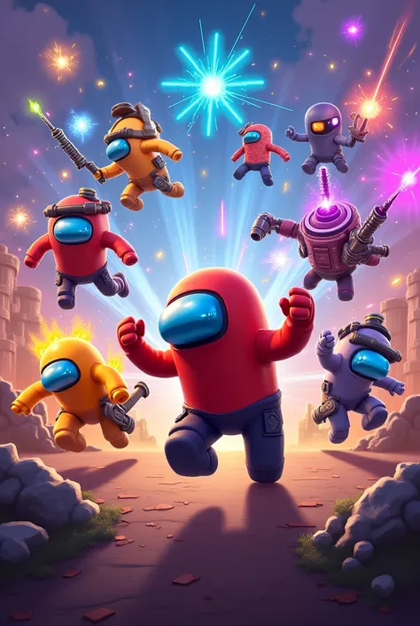 

"A dynamic and colorful crossover scene featuring characters from Among Us, Brawl Stars, and Free Fire. The Among Us crewmates are in action, some looking suspicious, others running or using cool gadgets. Brawl Stars heroes are battling with their unique...