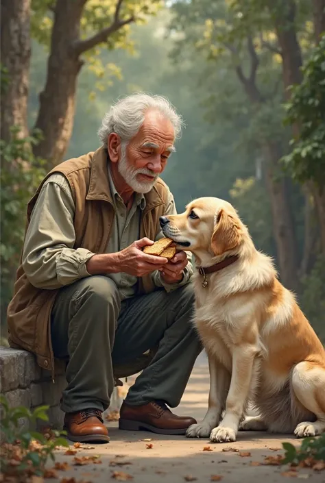 The scene of a elderly man feeding bread to a dog