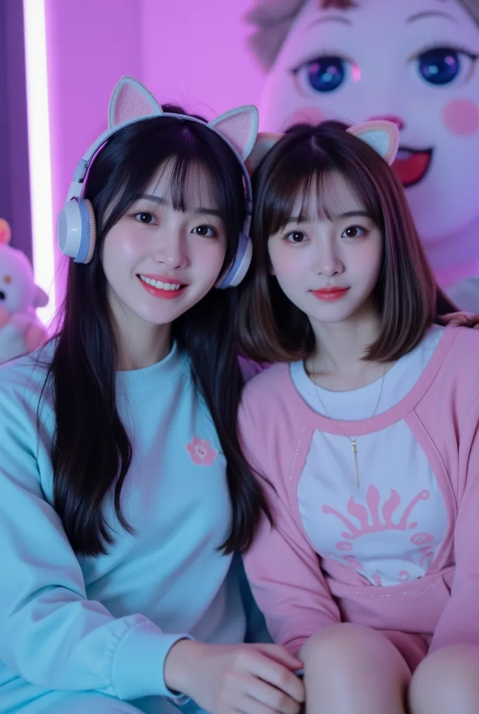 Young Korean lovers couple handsome man and beautiful woman,young women with long black hair tied with accessories cat ear ornaments, they are wearing headsets and sitting on white gaming chairs.women wearing pastel-colored tops with graphic designs and sh...