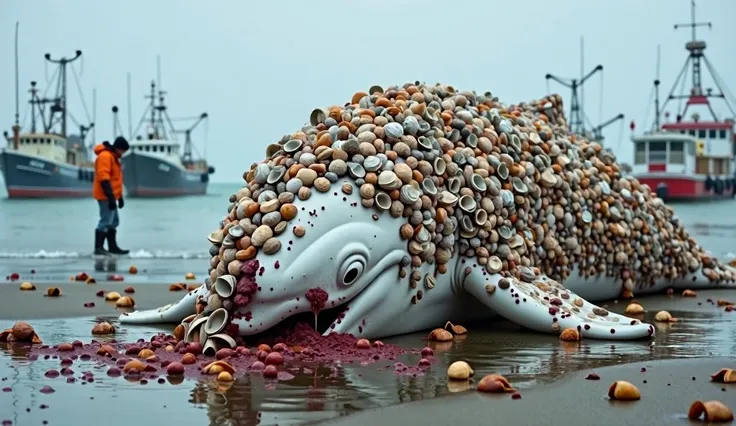 A person in an orange jacket kneels beside the stranded dolphin, their gloved hand reaching out hesitantly to touch the thick layer of brown seashells. The dolphin’s skin is barely visible beneath the countless small, dark shells, some of which appear fuse...