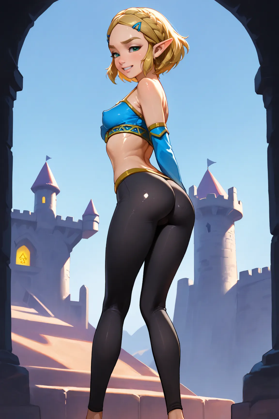 1 girl, solo, Highly detailed, slender legs, thin waist, hyrule castle, normal sized body, shadows, sexy eyes, highly detailed eyes,, 8k, sexy face, small perky breasts, black outline, bright colors, vibrant, princess Zelda ,, 18 years old, pretty face, bl...