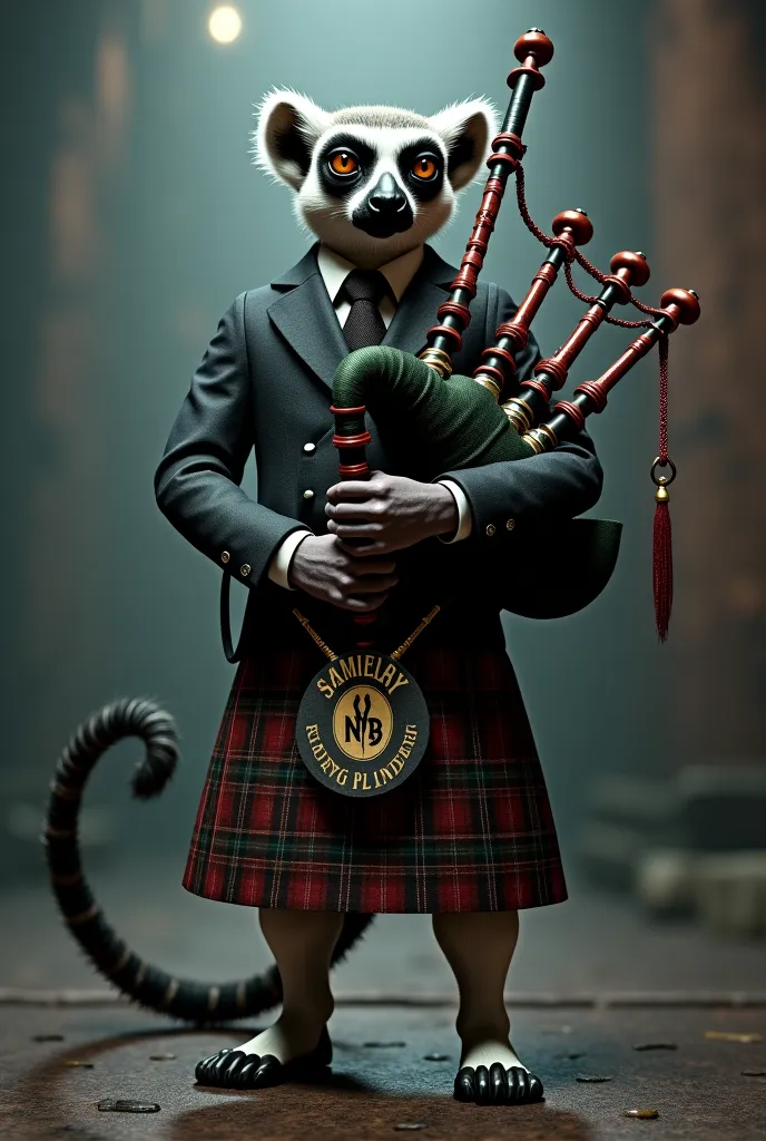 Lemur, male, peaky blinders, kilt, bald head, grumpy, bagpipes with NBK logo, mafia theme, No hair on head