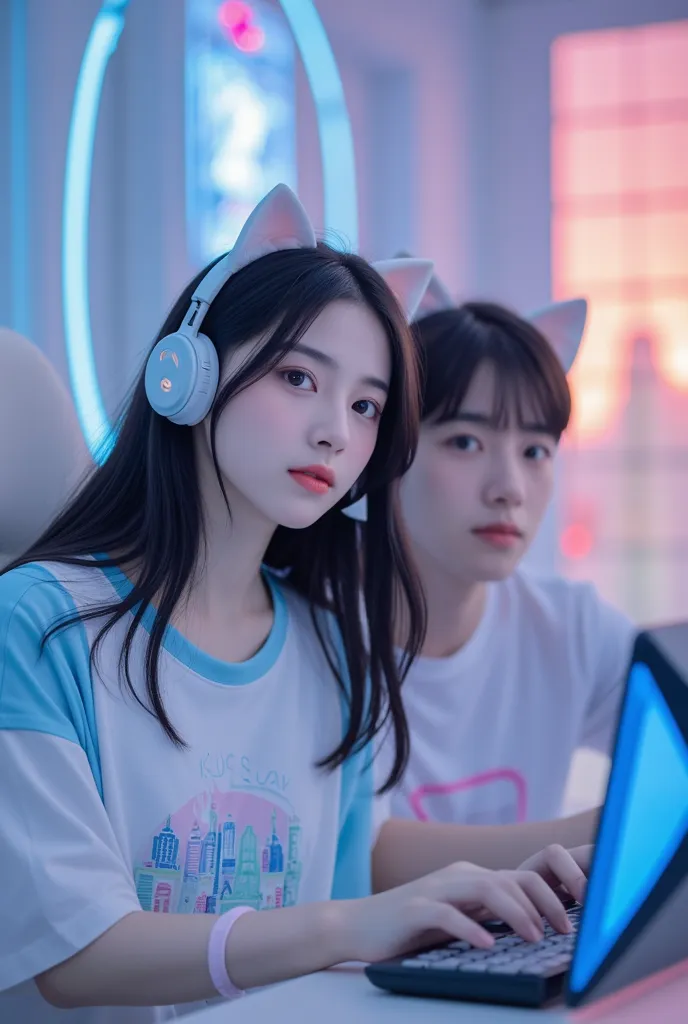 Young Korean lovers couple handsome man and beautiful woman,young women with long black hair tied with accessories cat ear ornaments, they are wearing headsets and sitting on white gaming chairs.women wearing pastel-colored tops with graphic designs and sh...