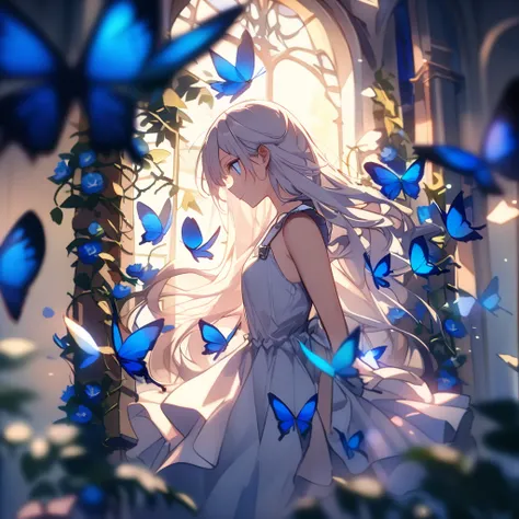 flying butterflies，Fluttering petals，pretty 1girl、 student、(light blue  eyes:1.15)、silber hair、Very long hair、de pele branca、a closed mouth、(flat breast:1.2)、Chiffon dress、Surrounded by blue butterflies、(hopelessness:1.3)、gotik、fronds、(vines:1.1)、(dawn lig...