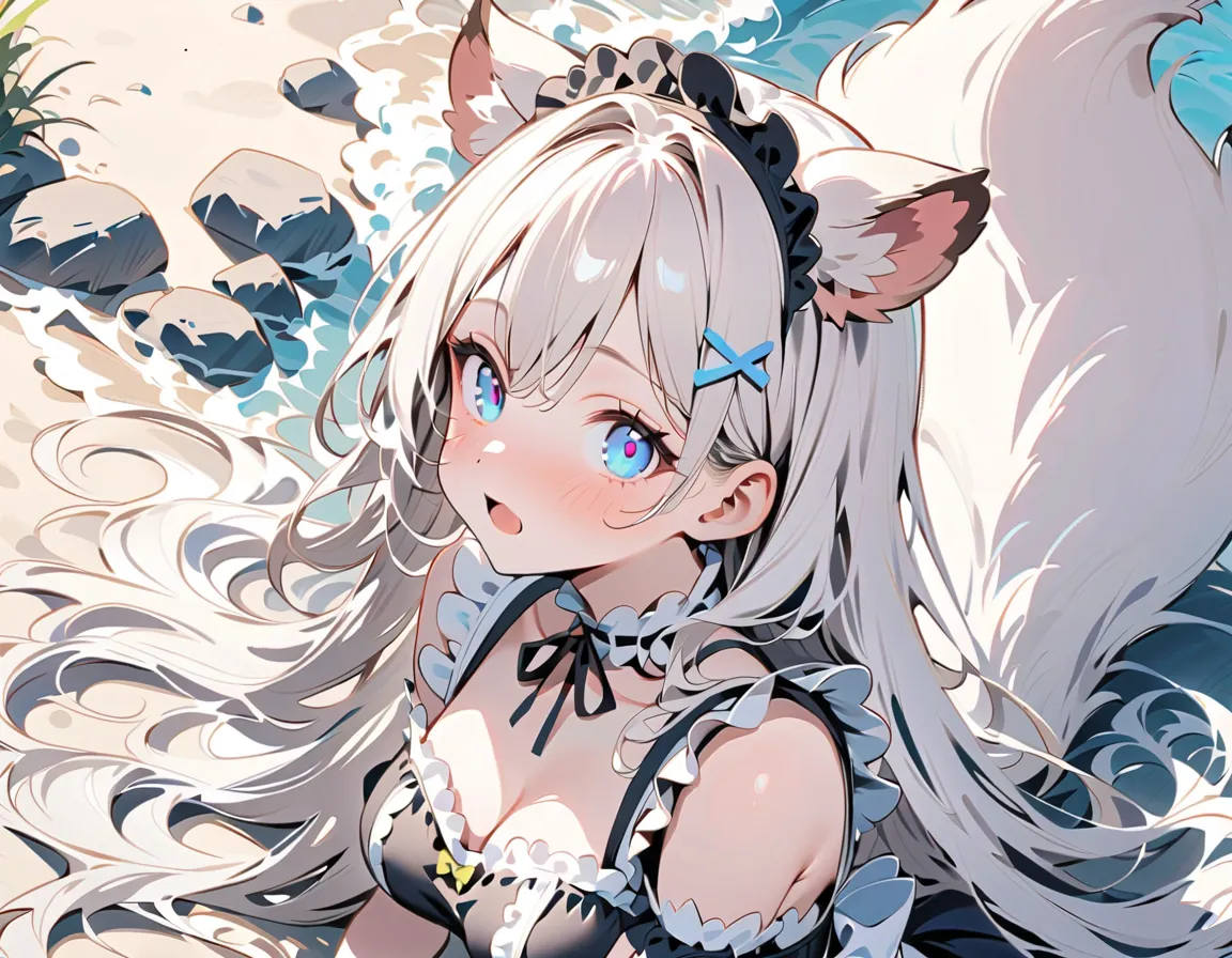 {{{masterpiece}}}, {{{best quality}}}, {{super detailed}}, {beautiful, 詳細なeye}, 1 girl, Alone, (( white hair)), very long hair, 青いeye, ( straight hair ), (bangs),  animal ears, (Weasel Ears:1.2), choker, stupid hair, tooth, (Big weasel tail:1.2), (Blue X H...