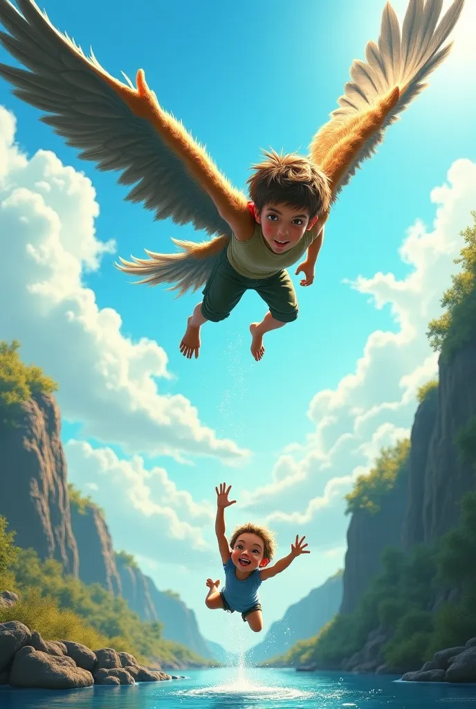 The boy with bird's wings, while flying in the sky, saw a girl falling into the river and drowning.