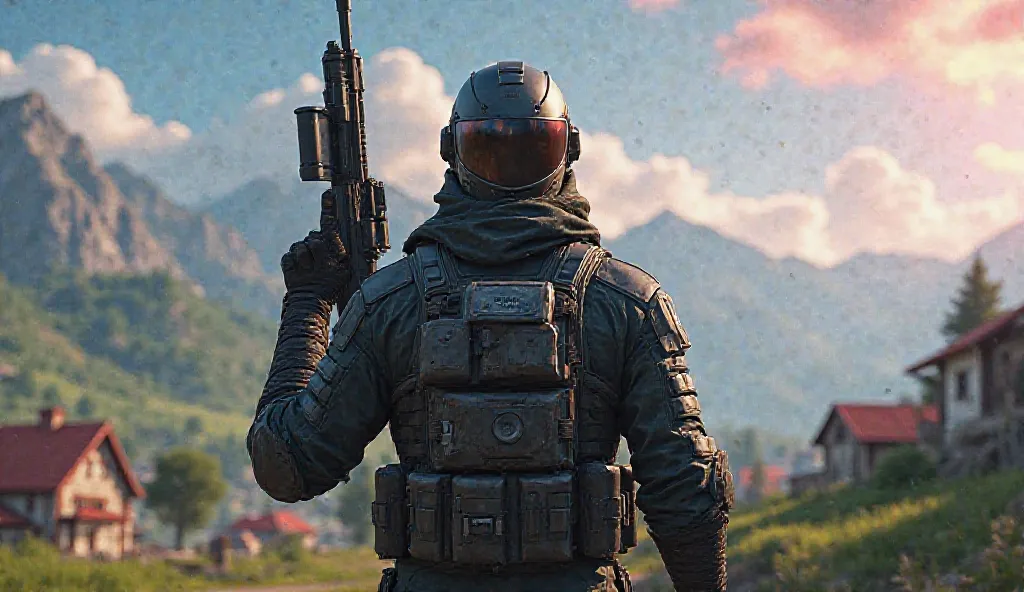 A Battle Video Game, A character wear gaming west helmet backpack, pick a gun looking for action, background houses grassy land, blue red sky, ultra realistic, ultra 8k quality.