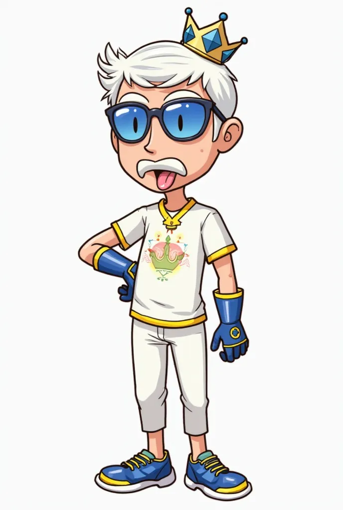 Cartoon of a man with short white hair, blue sunglasses, tongue out, crown with blue diamonds, simple shirt with yellow edges and a crown design in the middle,  white pants, gloves with blue and yellow edges, and sneakers with blue and yellow colors.