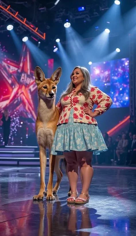 A grand America’s Got Talent stage with a polished, reflective floor, massive LED screens displaying dynamic visuals, and bright spotlights illuminating the performer. A beautiful chubby woman with an abnormally huge round chest, thin body, pleasant smile,...