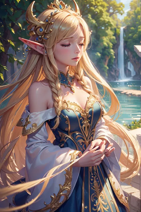 ((masterpiece)),((top quality)),((high detail)), photorealistic, elf woman, singing, blond hair, long hair, closed eyes, Upper body close-up, Look right, Medium Breast, Delicate decoration, Off-shoulder dress, lakeside, happy