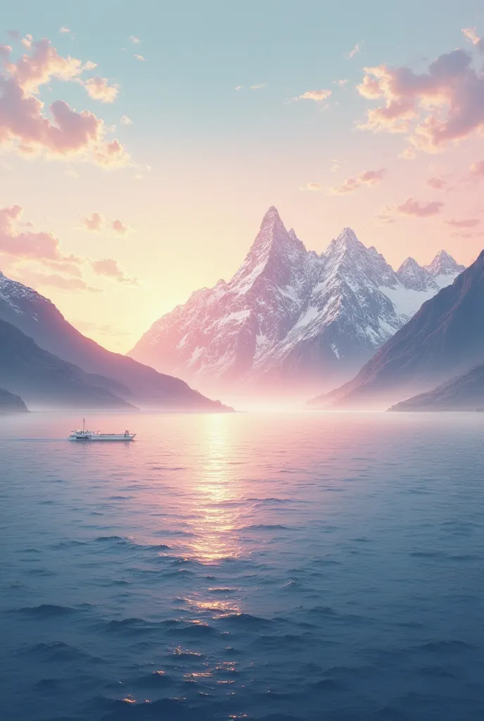 Imagine a picture of  a sea surrounded byy mountains in sunrise