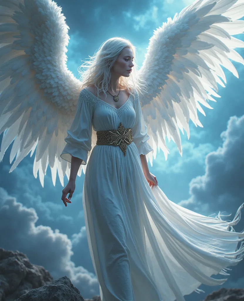 (((cian))) Best Quality, Ultra-high resolution, 4K Detail CG, masutepiece,femele、Angel Girl, girl with,full body Esbian,white color hair, Ancient white clothes, devilish white tail with hair at the end,,,,, de pele branca, Big white wings,a lot of feathers...