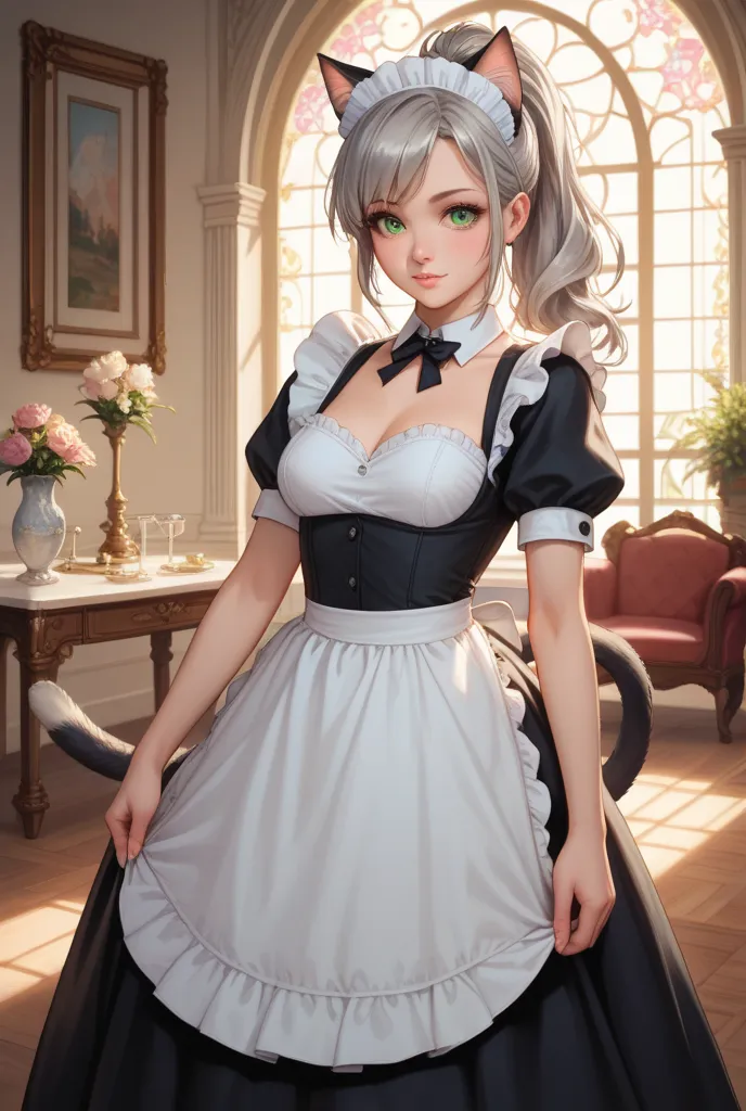  green eyes、 Silver Ponytail 、transverse hair that hides the ears、classical maid clothes、Cat ears、The Maid with the Cat's Tail。