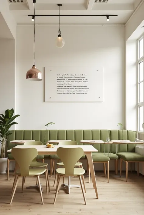 budget cozy minimalist pizzeria with loft elements. with white walls with inscriptions. the color of all furniture is soft olive