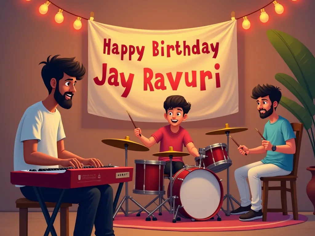 Indian boy, 21, wearing a white t-shirt and black pants, no beard, playing keyboard. His friend, 23 years old with lite, slightly overweight he is singing, wearing a red t-shirt and black pants, His brother 26 years old wearing a light blue t-shirt and whi...