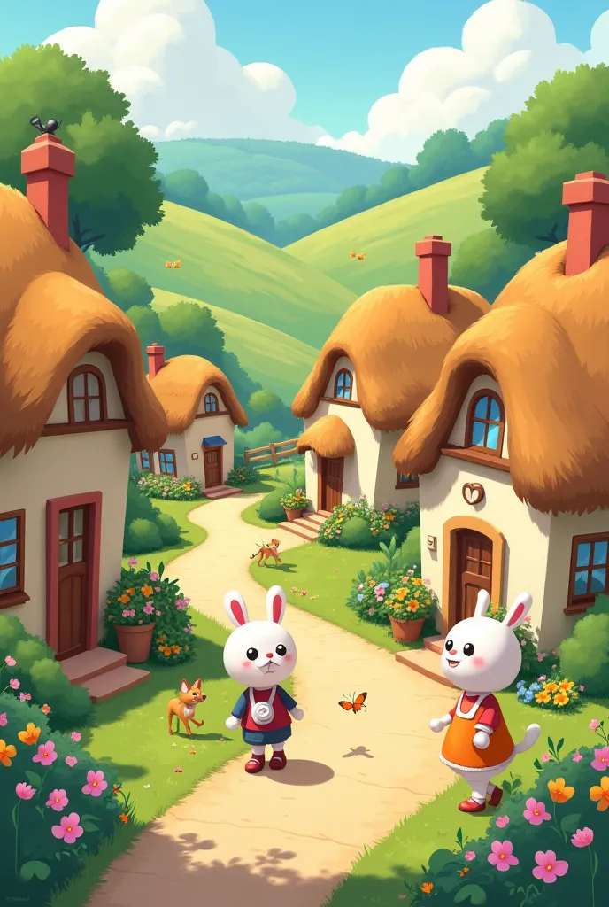 create a soothing scene of a village in cartoon style