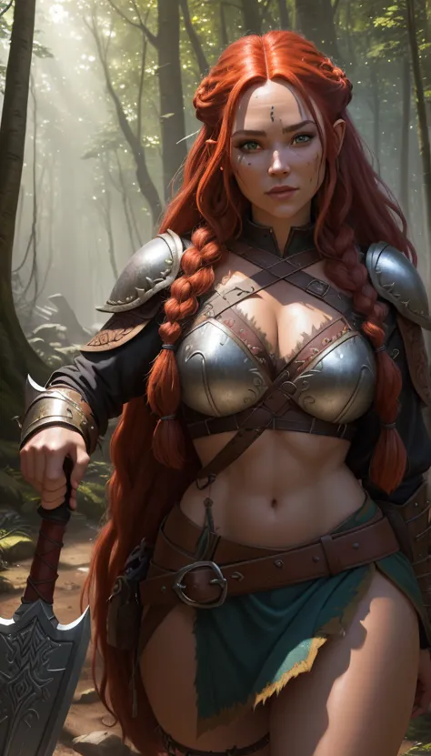 ultra realistic, 4ft 11 inches proportional barbarian halfling woman, long red hair with braids, friendly and approachable expression, detailed facial features, high quality, detailed skin texture, fine details, intricate braided hairstyle, leather and met...