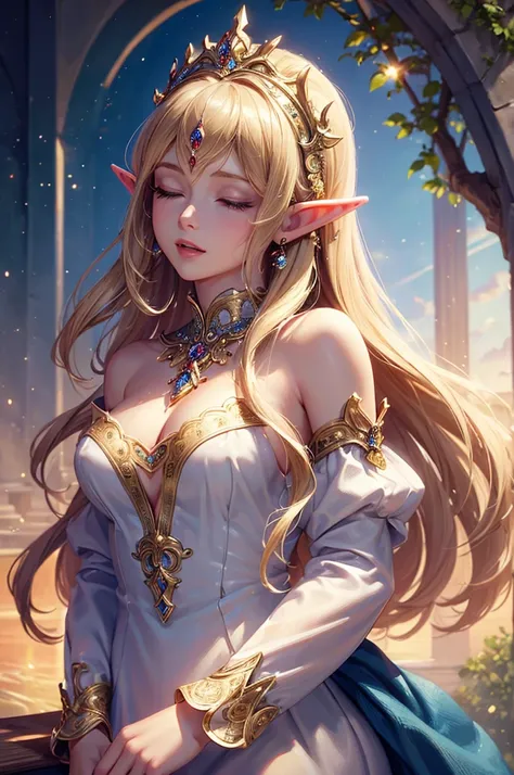 ((masterpiece)),((top quality)),((high detail)), photorealistic, elf woman, singing, blond hair, long hair, closed eyes, Upper body close-up, Look right, Medium Breast, Delicate decoration, Off-shoulder dress, lakeside, happy