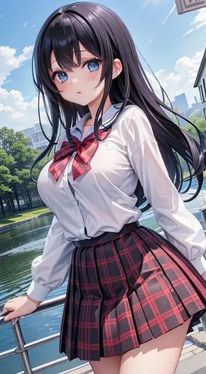 (8k、raw photos of Kao all、highest quality、masterpiece:1.2)、 illustration touch、 ultra detailed 、super A high resolution、1 girl、 Bike、Gross々 black hair、blue eyes、river、 high school student、school uniforms、 plaid skirt、 Bikeに乗る、 black hairロングヘアー,big breasts、