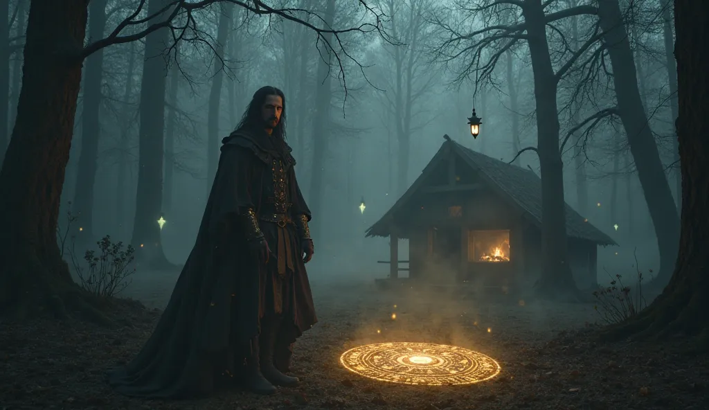 A dark, mystical forest shrouded in thick fog. In the center of the image is a man in ancient 17th-century clothing, with long hair and a stern expression. His eyes glow with inner knowledge. In front of him is a circle glowing above the ground, like a mys...