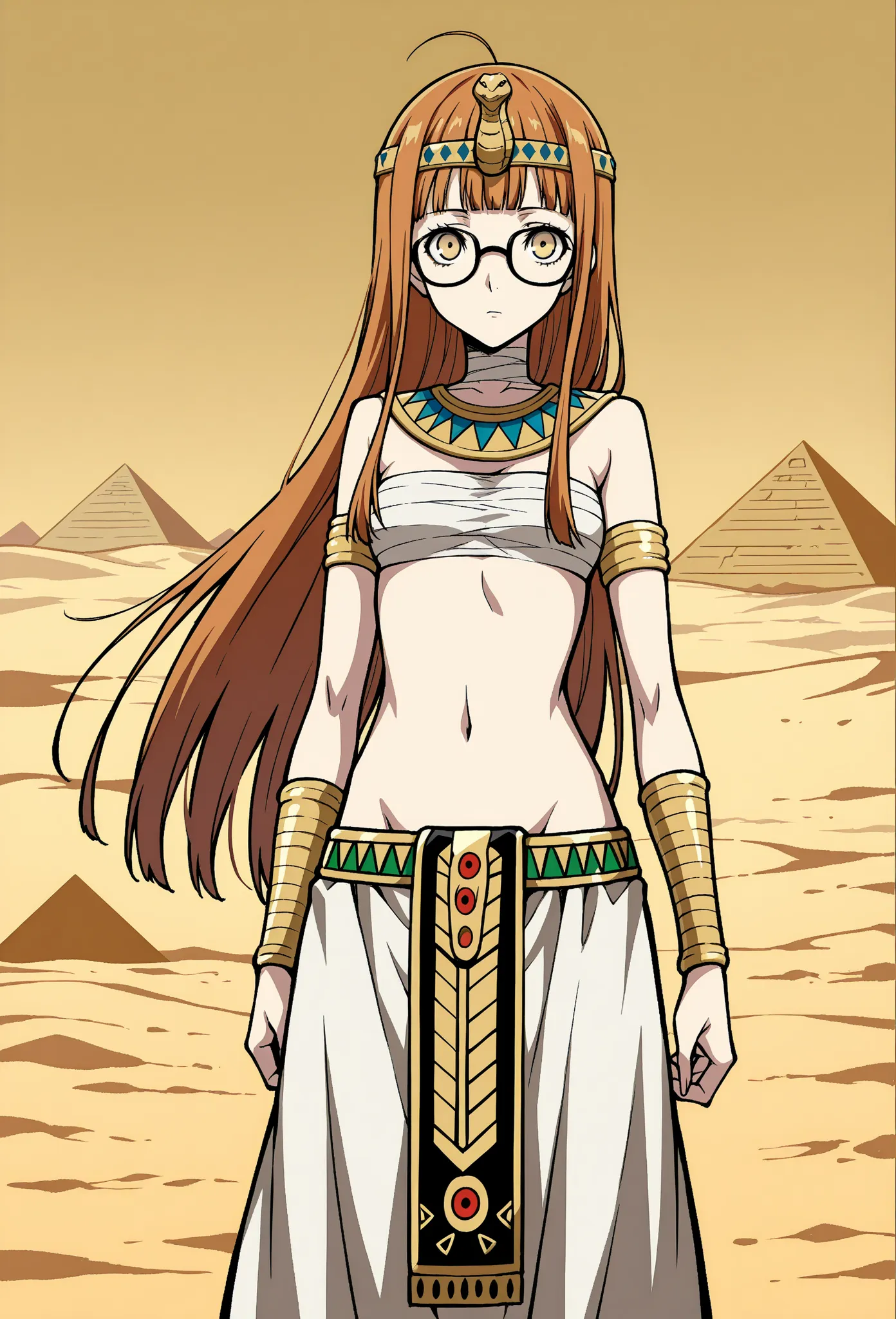 1 girl, solo, cute face,
p5futaba, sakura futaba, long hair, glasses, blunt bangs, orange hair, ahoge
p5futaba-cognitive, (yellow eyes:1.2), jewelry, navel, midriff, sarashi, armlet, skirt, bandages, bracelet, long skirt, egyptian clothes, egyptian, usekh ...