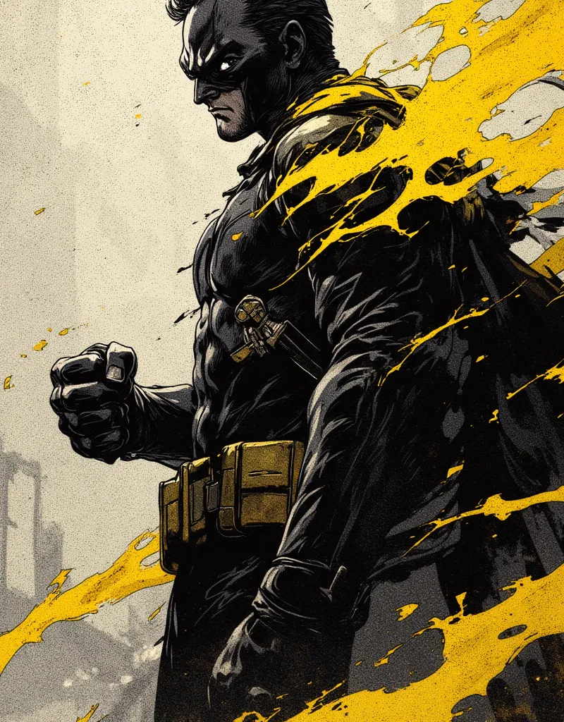 dark Shadow, Sketch, gritty, fine lines, delivering powerful Punch, fierce, torn cape, nistyle, monochrome with pastel yellow color, batman