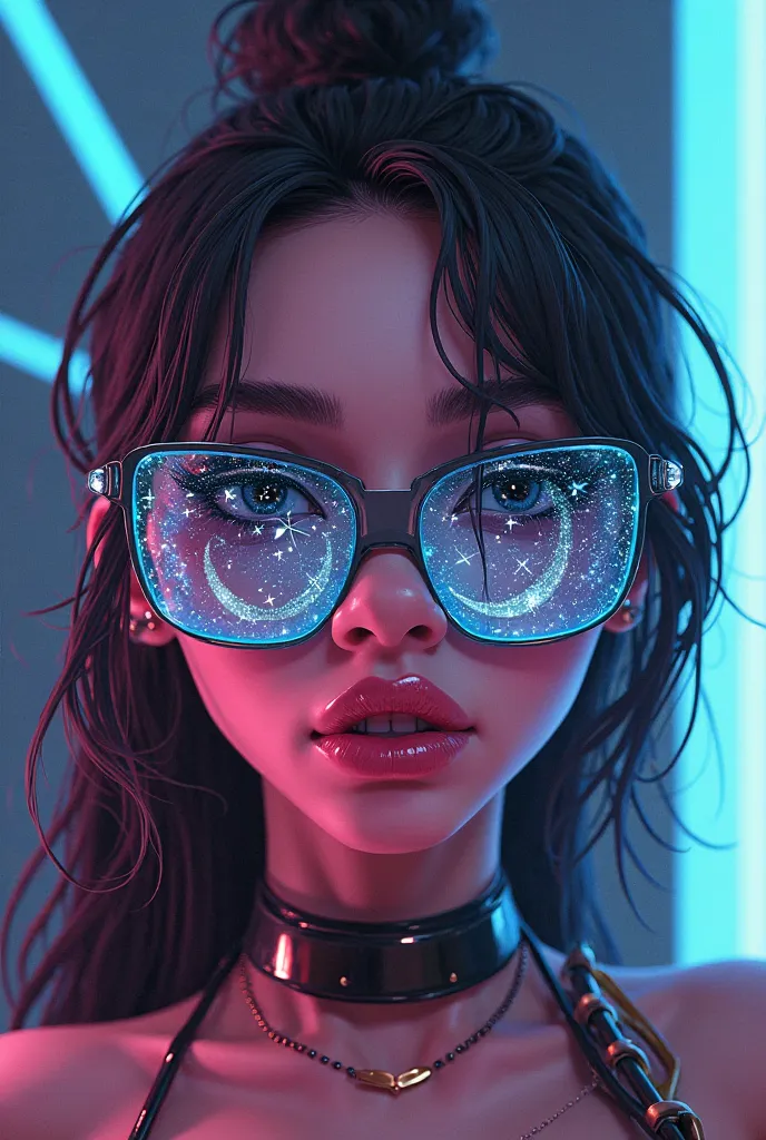 model, which depicts big breasts, is wearing glass sunglasses, and the, There are stars and moon drawn on the glass