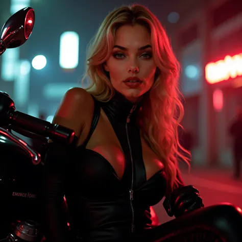 A young, attractive woman with natural big breasts and with long, slightly wavy blonde hair dressed as Black Widow, her tight black bodysuit hugging every curve. She leans against a sleek motorcycle, her deep red lips parting into a smirk. The dim neon glo...