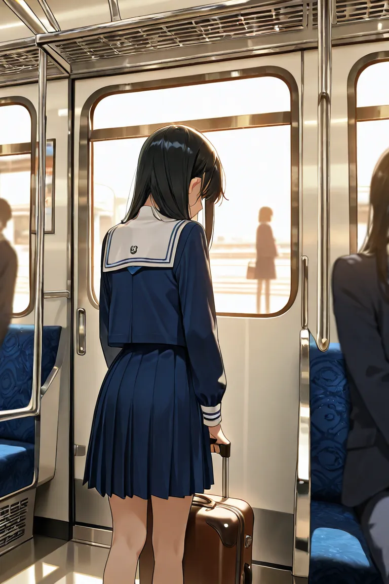 ((highest quality)), ((masterpiece)), a girl, school uniform, sailor suit, Legs, in the train, bags, standing, black hair, looking down, crowded with standing passengers, bad-tempered 