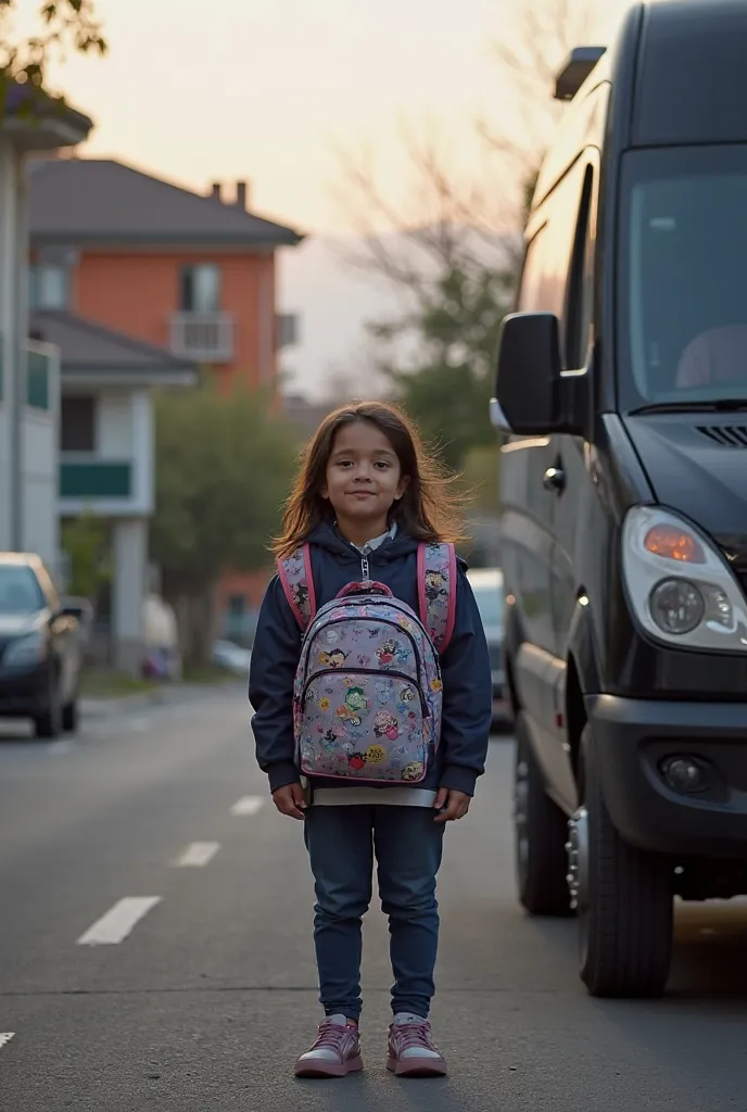 The image captures a  standing next to a black van on a street. The girl seems to be around , probably on the way to, with the backpack and school uniform, at dawn.  In the background, there are houses with a unique architectural style, which suggests a lo...