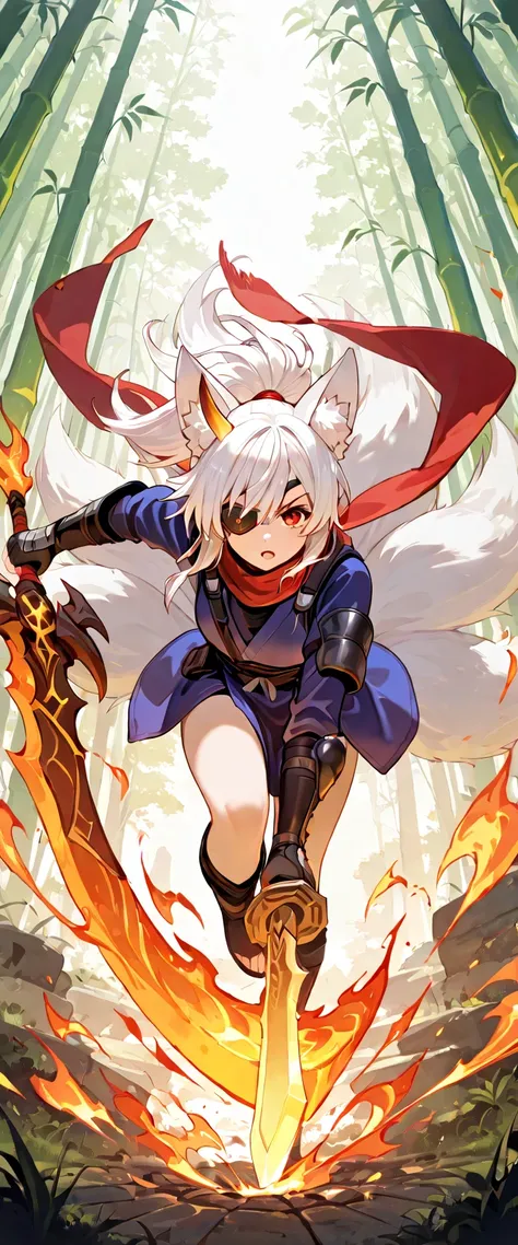 {{{best quality}}}{{{1girl}}},Purple-white {curling} hair tied in a ponytail with {red string}, {fox ears}, {two yellow dragon horns growing from the temples}, sharp red eyes, {eye patch on right eye}, determined expression, wearing a red scarf and black a...