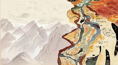 （ masterpiece），Hand-drawn maps，Mountains，river， cartoon style ，Chinese painting， brightly colored，Meticulous