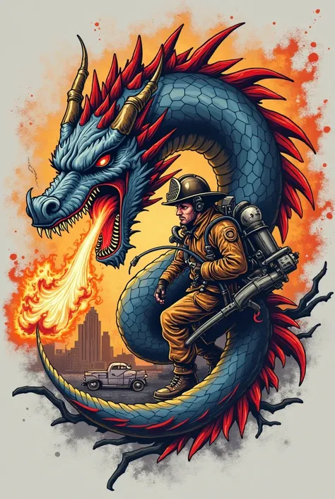 ((comic art)), (cartoon style) a 5, "Design an intricate tattoo logo with a bold, vintage, and rugged look. At the center, place a really scary fire breathing dragon fighting a firefighter. The dragon is looking downward and fire is forcefully shooting out...