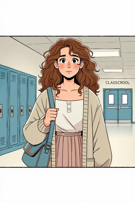 A beautiful girl with curly hair, slender waist and full blossom wearing oversized jeans and top to cover her curvy body standing nervously in front of a classroom door. Make the environment look like that of a classroom in the western world