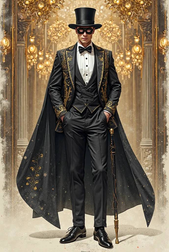 Make a full body sketch of Modern male Gatsby themed masquerade ball attire with cape, cane, and hat