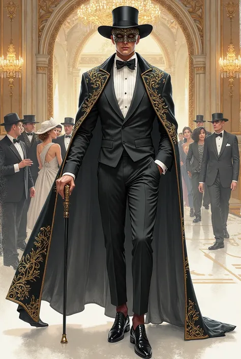 Make a full body sketch of Modern male Gatsby themed masquerade ball attire with cape, cane, and hat