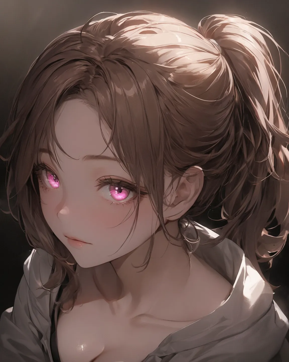 1woman, masterpiece, high resolution, textured skin, ponytail, brown hair,shiny hair, hair behind ear, gradation eye color, pink eye, overexposure, chiaroscuro, gray parker, hood down, focus on cleavage, from above