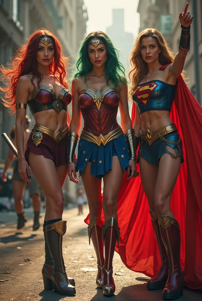 "In a striking and electrifying scene, Harley Quinn, Wonder Woman, and Superwoman stand together, exuding power, seduction, and confidence. Each of them is dressed in their signature, uniquely hot outfits, making them look both dangerous and irresistible.
...