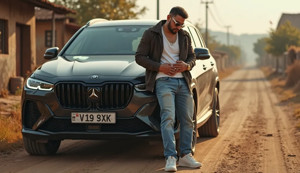 A young, stylish white man with a slim yet slightly chubby physique is seen leaning against the side of his sleek luxury SUV, parked on a dirt road near a rustic village. He wears a fashionable, well-fitted designer outfit—a trendy jacket, stylish jeans, a...