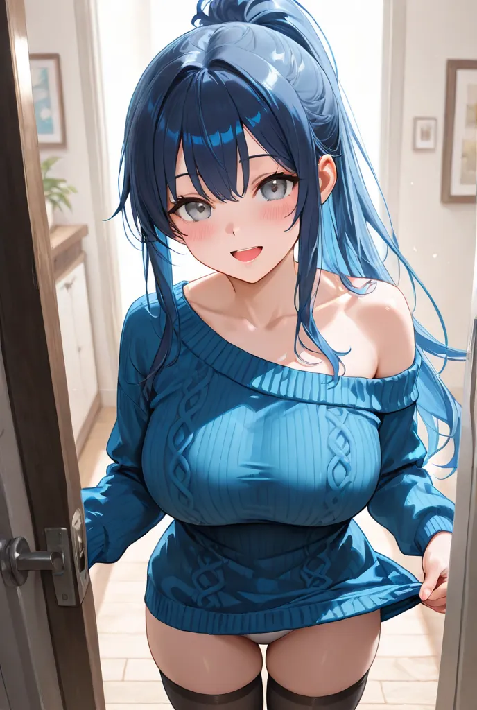 1girl, solo, long hair, looking at viewer, blush, smile, open mouth, large breasts, long sleeves, bare shoulders, standing, underwear, blue hair, collarbone, ponytail, sidelocks, thighs, :d, cowboy shot, indoors, black thighhighs, off shoulder, clothes lif...