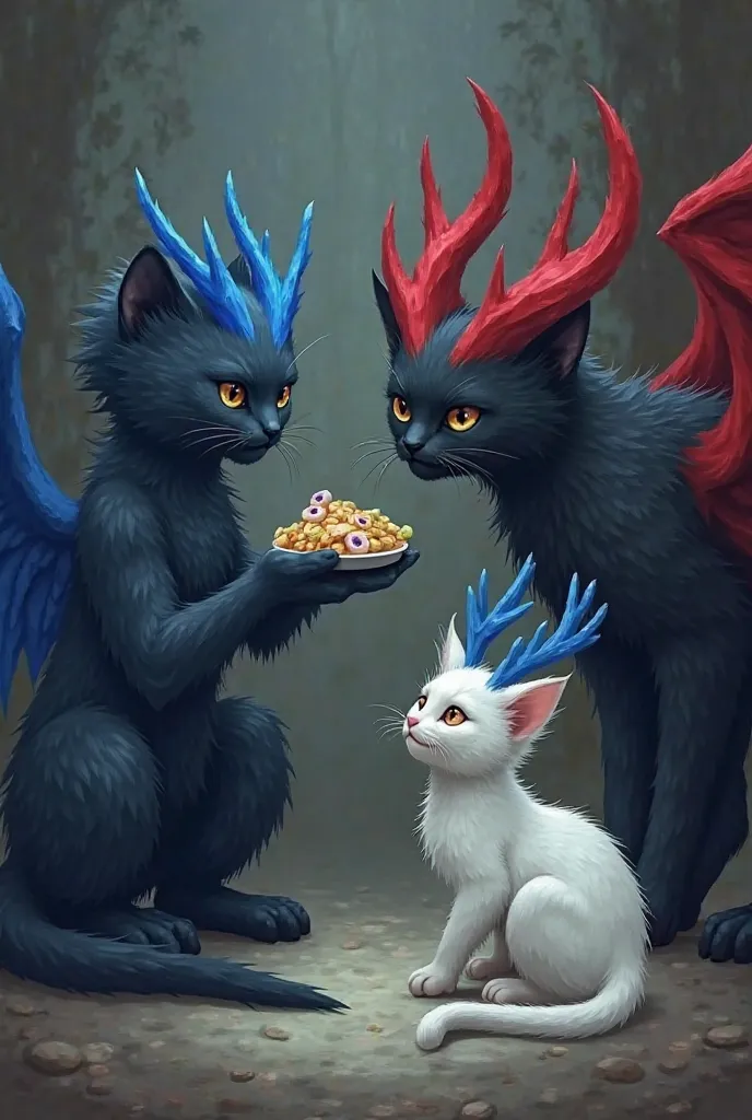 A dark blue cat with blue horns and blue wings serves a black cat with red horns and red wings. He doesn't want it. A white cat with blue antlers like a deer and blue wings looks at him