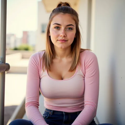 woman sitting on stairs. Has a pink sweater on. a pair of jeans and sneakers. In the background you can see the apartment blocks,  style photorealistic ,  sharp focus, very detailed, sunlight, full body,  sharp background 