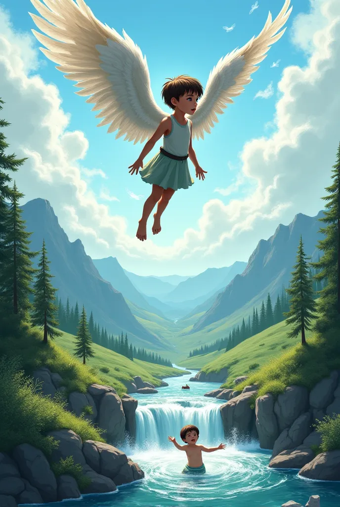 The boy with bird's wings, while flying in the sky, saw a girl drowning in river. 