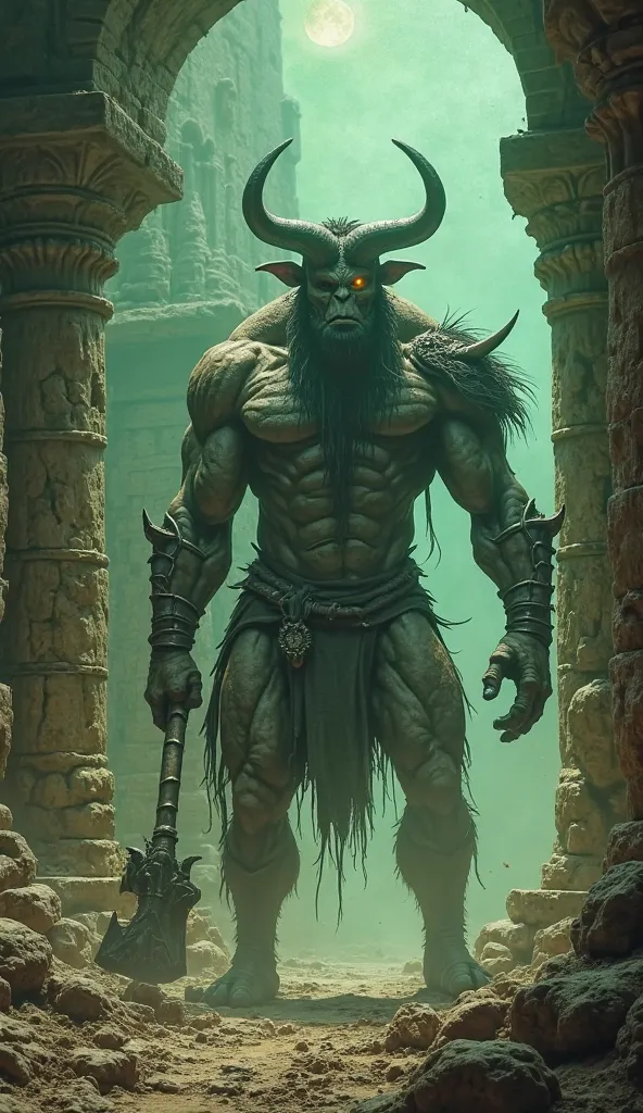  A towering, horned minotaur brandishes a massive battle axe inside a crumbling temple. Opposite, a gargantuan basilisk coils around stone pillars, its golden eyes glowing with hypnotic malice. Dust drifts through the air, illuminated by a sliver of eerie ...