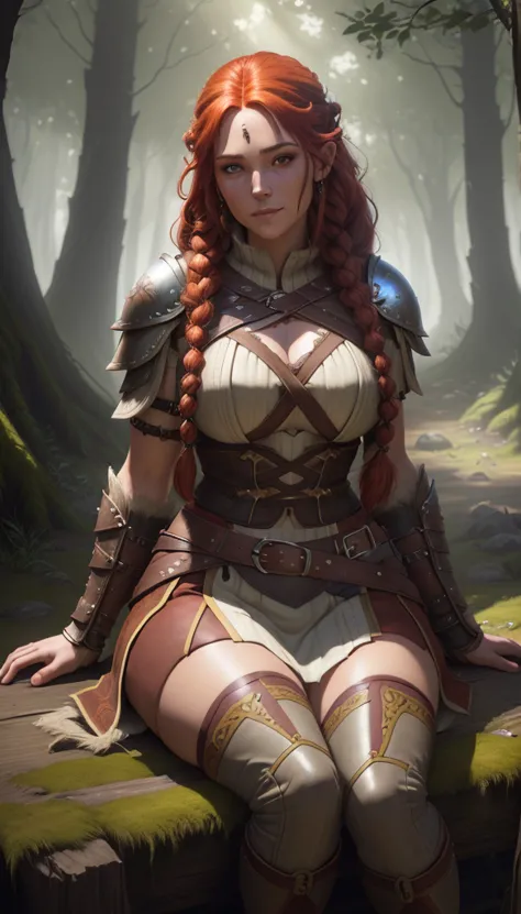 ultra realistic, 4ft 11 inches proportional barbarian halfling woman, Short woman, long red hair with braids, friendly and approachable expression, Soft smile, cute face, detailed facial features, Sitting position, high quality, detailed skin texture, fine...