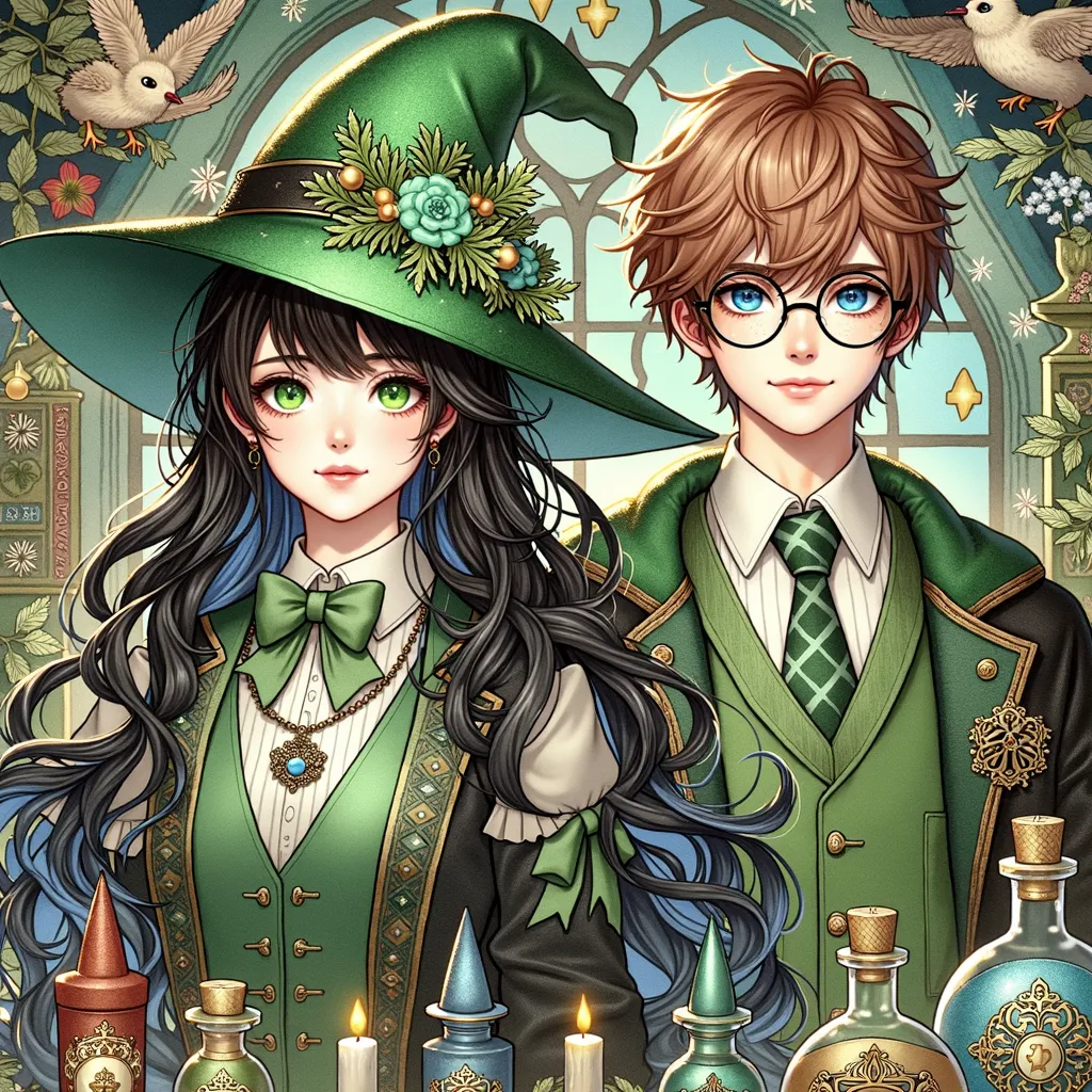 illustration, Two students , a 17-year-old girl with wavy black hair with a green ribbon in her hair. moreover, elle possède des taches de rousseurs avec les yeux verts. The boy is by her side with brown hair, blue eyes and eyeglasses. Tout deux ont des un...