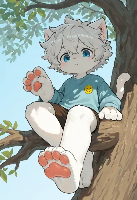 source_ furry， furry male，elementary school students，((boy )),cat boy ,short hair,masterpiece, newest,absurdres, incredibly absurdres,  messy hair，Smiley Face, cute anthro, Alone,Fantasy world，hand, perfect hand，boy  sitting on tree branch, Staring at the ...