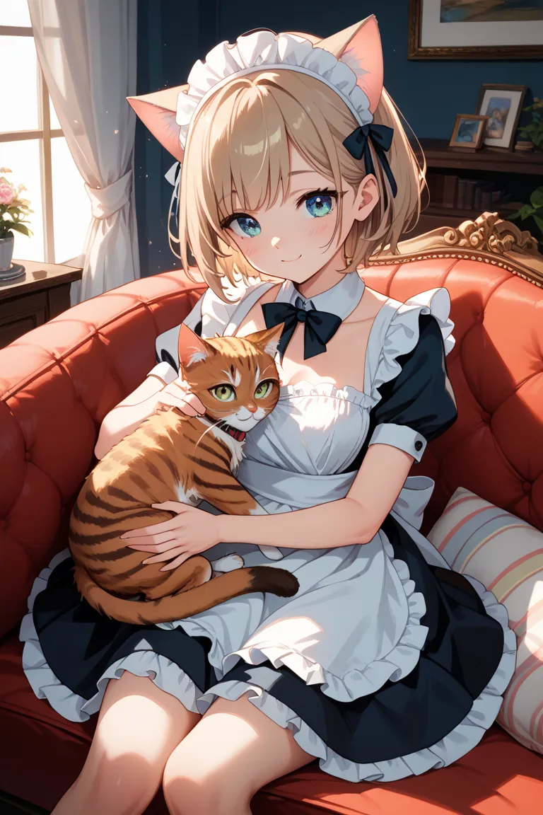 2 girls sitting on their lap cat ears maid clothes cute